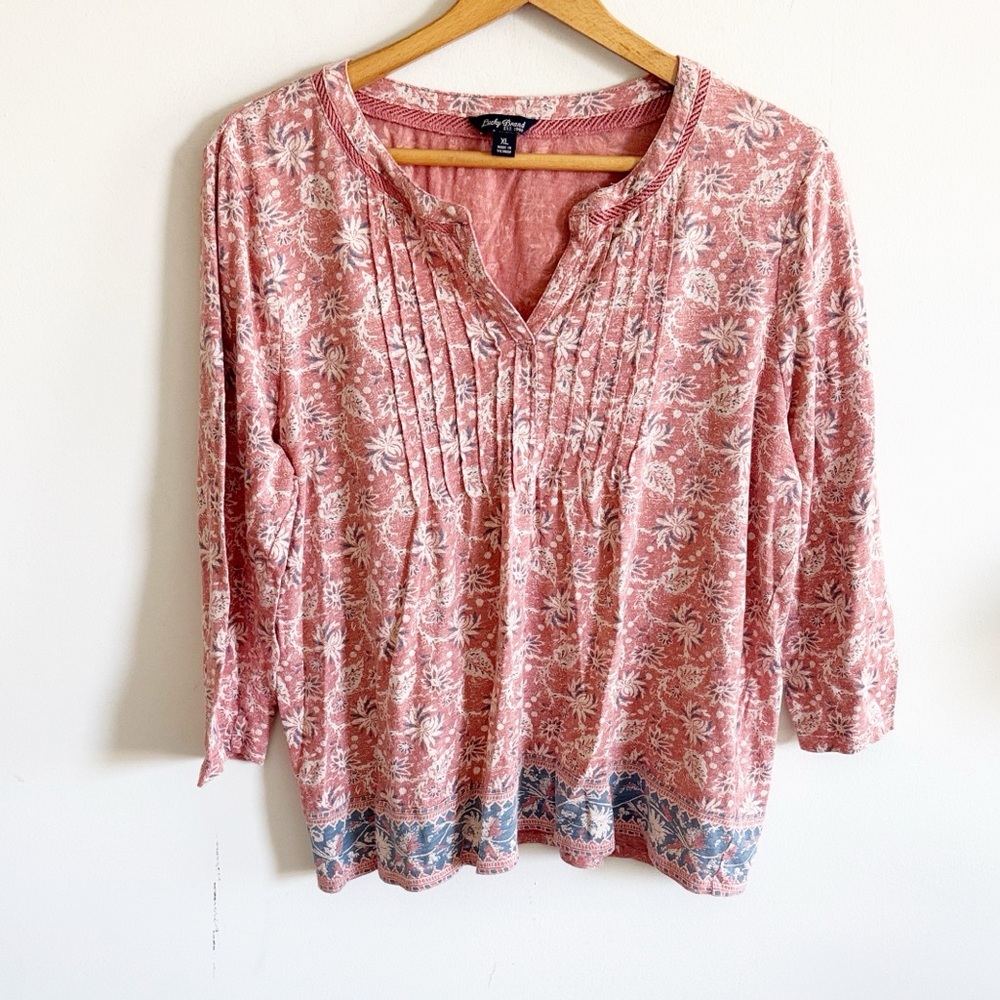 Lucky Brand Mauve pink Floral boho split v-neck Blouse top size XL cotton